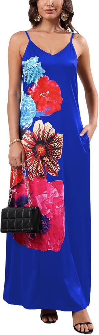 Summer Maxi Dress for Women 2025 Plus Size Casual Sexy Floral Sleeveless Vacation Long Sundresses with Pockets (Blue, S)