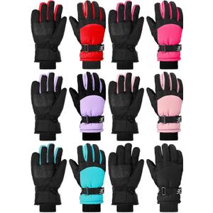 Bencailor 6 Pairs Kids Winter Gloves Waterproof Ski Glove Boy Girl Warm Snow Snowboard Mittens for Cold Unisex (6-10 Years, Light Purple Blue-green Light Pink Rose-red Red Black)