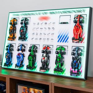 Display Wallboard with RGB LED Lights Compatible with Lego Speed Champions F1 10-in-1 Collector's Pack, 20 Color&22 Lighting Modes, Wall Mount Compatible with Lego 66802 Collectible F1 Model Car Kit Size：31.496inch × 19.685inch