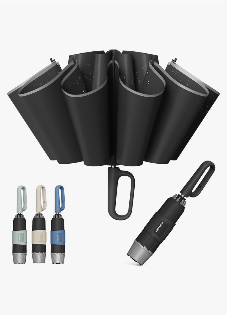 QWB TUMAAOTU Inverted Umbrella with Carabiner Handle, Wind Proof Umbrellas For Rain and Sun, 46 Inch Portable Reverse Folding UV Umbrella, Car Umbrella for Women Men, 10 Ribs