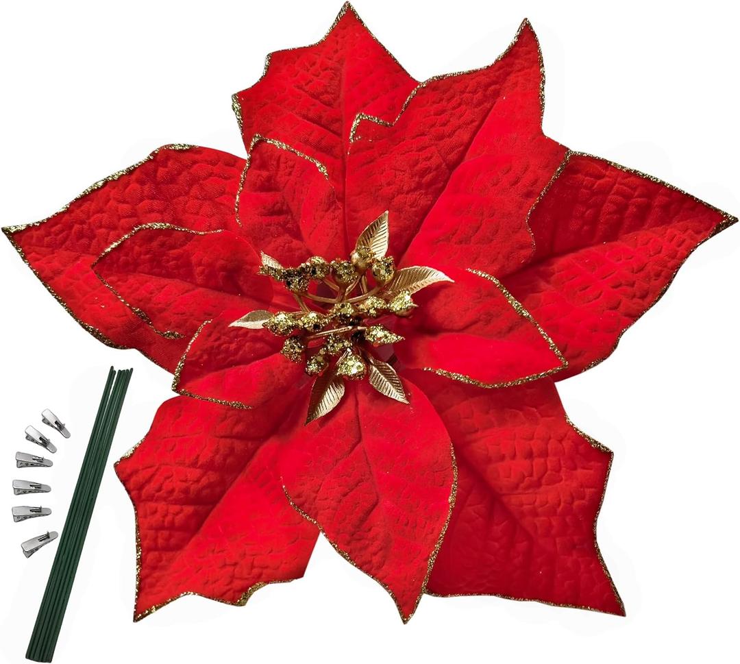 M2cbridge Artificial Christmas Flowers Red Velvet Poinsettia Floral Picks for Christmas Wreath Tree Ornaments(6pcs Large Red)