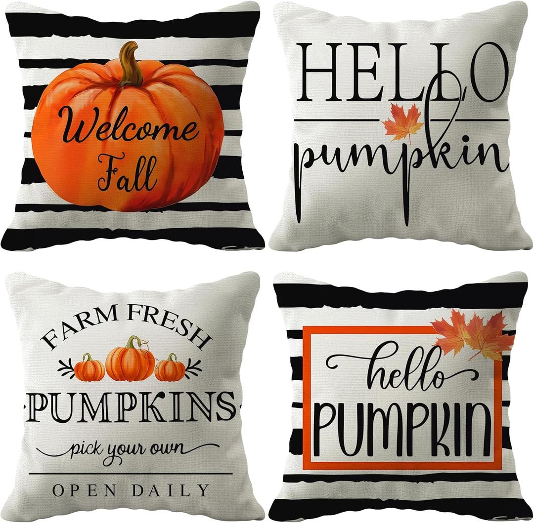 Fall Pumpkin Pillow Cover 18x18 Fall Decor Cushion Cover Autumn Stripe Throw Pillow Cover Thanksgiving Farmhouse Decorative Cushion Cases 18x18 Set of 4 (Dark Tones)