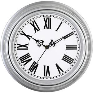 Plumeet Extra Large Retro Wall Clock, 16'' Non Ticking Classic Silent Vintage Wall Clocks Decorative Kitchen Living Room Bedroom, Roman Numerals, Battery Operated, Silver