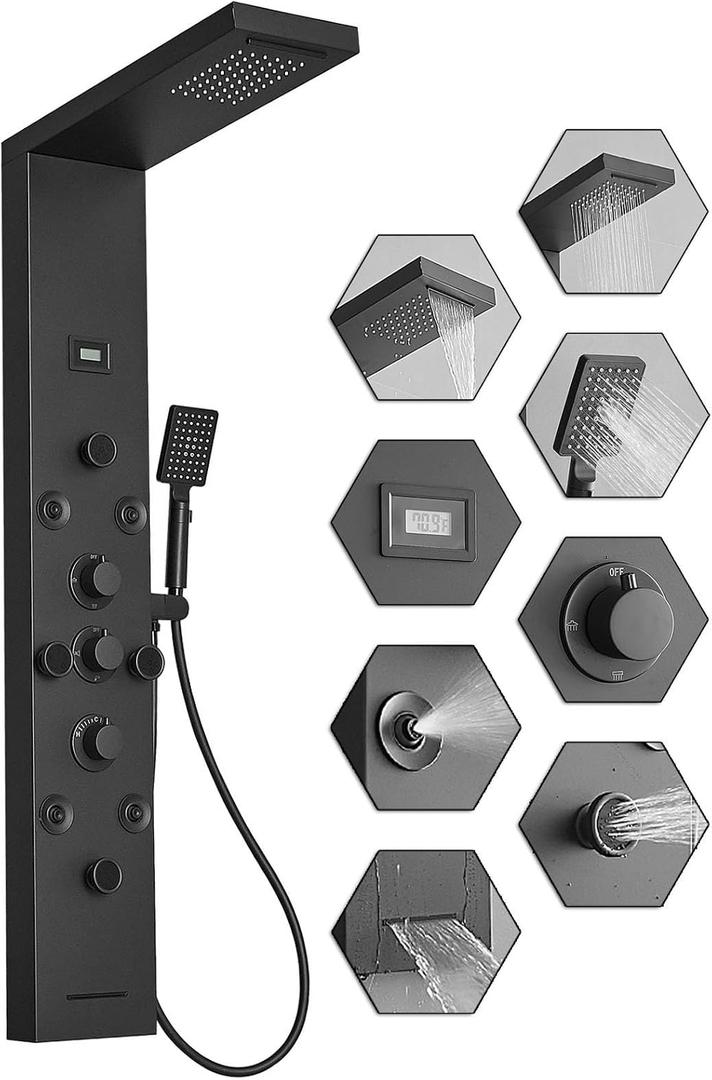 Stainless Steel Shower Panel Tower System Rain Massage System 6 IN 1 Body Spray Jets Shower Wall Panels Rainfall Waterfall Shower Head Tub Spout with Temperature Display,Matte Black