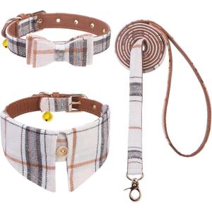 EXPAWLORER Puppy Collar and Leash Set - Classic Plaid Small Dog Collar with Bow Tie, Cute Dog Collar and Leash Set, Adjustable Dog Collar for Small Dogs Cats Holiday Birthday Gifts, Beige X-Small