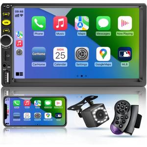 7 Double Din Touch Screen Car Radio with Apple CarPlay, 7 Inch Bluetooth Car Stereo with Backup Camera, FM Steering Wheel Controls, Mirror Link Navigation, USB/ TF/ Subwoorf/ 240 watts