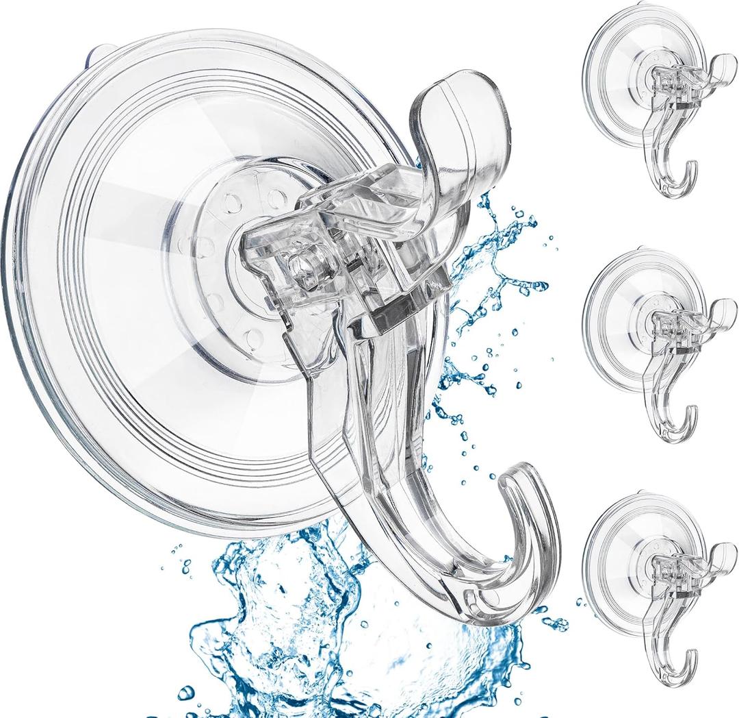 ANDGOO Large Suction Cup Hooks for Shower, Removable Shower Hooks, Heavy Duty Towel Hook for Bathrooms Robe Looafh, Strong Suction Double Hooks for Glass Window Door Mirror Tile (Clear, 4 Pack)