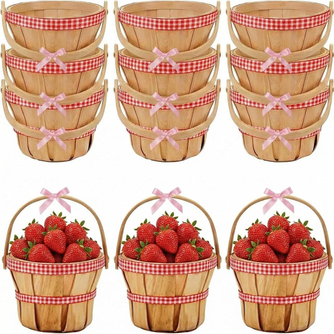 Geelin 12 Pcs Mini Wooden Berry Baskets with Handles Bulk 4.72 x 3.94 Inch Red Plaid Decorative Baskets Empty for Wedding Party Favors Picnic Picking Fruit Apple Strawberry Flower