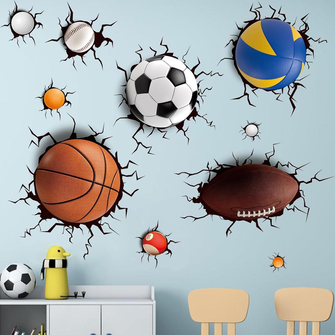 Basketball Football Through The Wall Sports Wall Decals - Kids Baby Boys Wall Stickers - Nursery Playroom Classroom Daycare Game Room Bedroom Home Wall Decor, Large