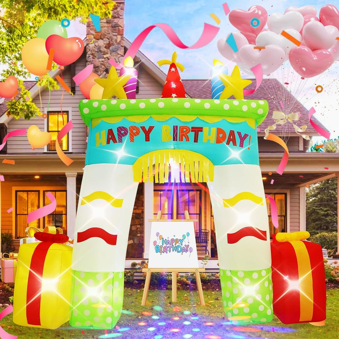 HZGDEJTG 11FT Birthday Arch, Built-in LED Lights and Colorful Rotating Lights, Suitable for Indoor and Outdoor, Garden, Lawn Birthday Inflatable Decoration