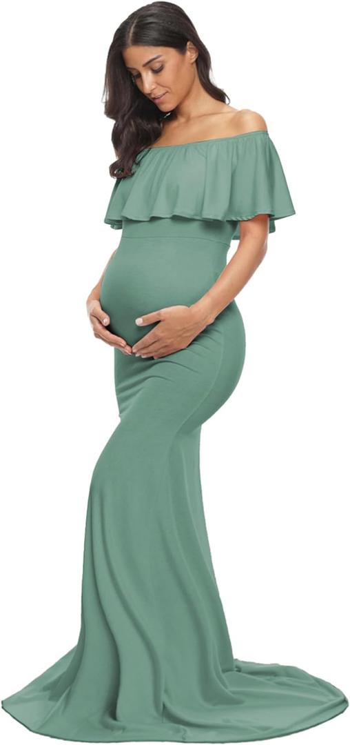 Glampunch Womens Off Shoulder Maternity Dress Ruffles Elegant Slim Gowns Fit Maxi Photography Dress (Large, Sage)