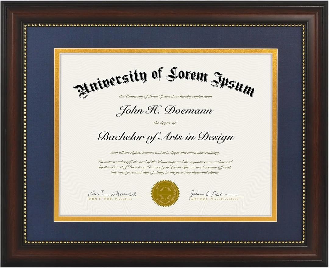 Americanflat 11x14 Diploma Frame - Use as 8.5x11 Certificate Frame or Display 11x14 Photo Without Mat - Legacy Collection - Beaded Mahogany Vintage Frames - Shatter-Resistant Glass - Blue and Gold Mat