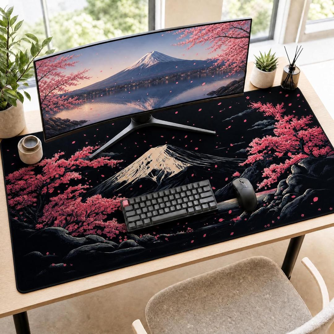 Cherry Blossom Watercolor XXL Gaming Mouse Pad 48x24, Stitched Desk Mat | Thick Rubber Base Non-Slip Desk Pad, Waterproof Stitched Edges XXL Mouse Pad for PC Gaming, Office Work & Creative Workspace