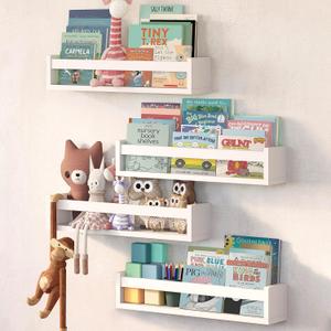 NATURE SUPPLIES Set of 4, White Floating Nursery Book Shelves, 23.1" Solid Wood Floating Bookshelves, Wall Book shelf for Kids Rooms Decor, Toys & Playroom Furniture, Kids Bookshelf, Nursery Bookshelf