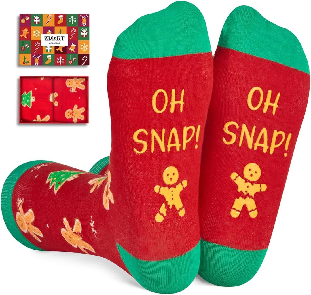 Zmart Christmas Gifts for Adults - Santa Gingerbread Socks for Teens, Xmas Light Stockings (Oh Snap Red)