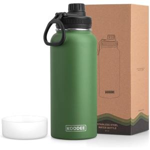 Koodee Insulated Water Bottle, 32 oz Stainless Steel Double Wall Vacuum Wide Mouth Sport Bottle with Leakproof Spout Lid (Grass Green)