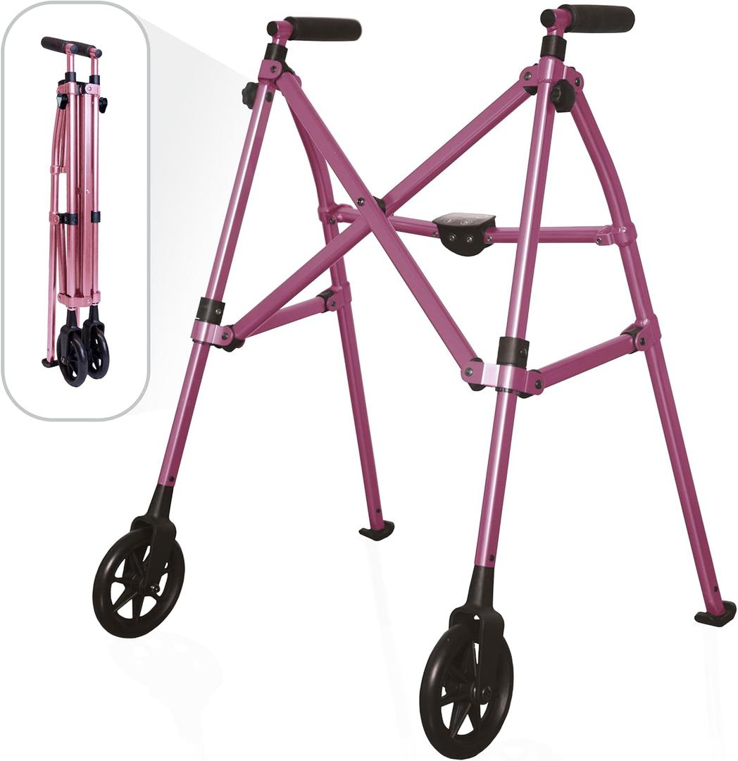 Stander Space Saver Walker, Lightweight Folding Rolling Mobility Aid for Seniors & Adults, Compact 2-Wheel Disability Device with 6-inch Wheels & Ski Glides for Walking Support, Regal Rose (Standard)