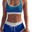 Womens Sport Two Piece Swimsuits Racerback Tops Boy short Bottom (X-Medium, Blue Print)