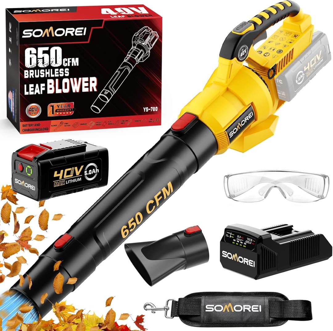 SOMOREI 650 CFM Lightweight Powerful Leaf Blower Cordless with 40V Battery and Fast Charger, Brushless Yard Garden Blowers for Lawn Care Yellow