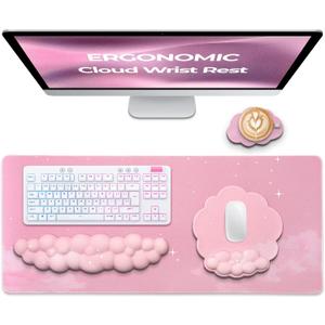Premium Quality Cloud Wrist Rest Keyboard & Mouse Pad Set  Ergonomic Memory Foam Desk Accessories with Wrist Support for Office & Gaming  Pink