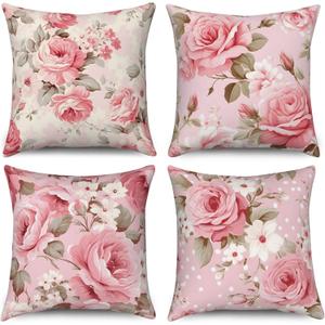 Rose Flowers Pillow Covers Pink Floral Green Leaves Set of 4 Flowering Shrub Natural Retro Cushion Covers 20x20 Watercolor Linen Square Pillowcases for Couch Sofa Bedroom Patio Farmhouse