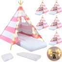 6 Pack Sleepovers Teepee Tent for Kids Bulk with Mattress Sheet Light,Natural Cotton Washable Indoor Play Tent for Birthday Slumber Party Girls Boys Pajama Movie Night Supplies(Pink, White)