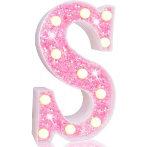 Pooqla LED Marquee Letter Lights, Pink Glitter Light Up Letters Alphabet Sign Battery Powered Night Light, Birthday Party Wedding Girls Gifts, Christmas Room Dorm Bedroom Decoration, Pink Letter S (Warm White)