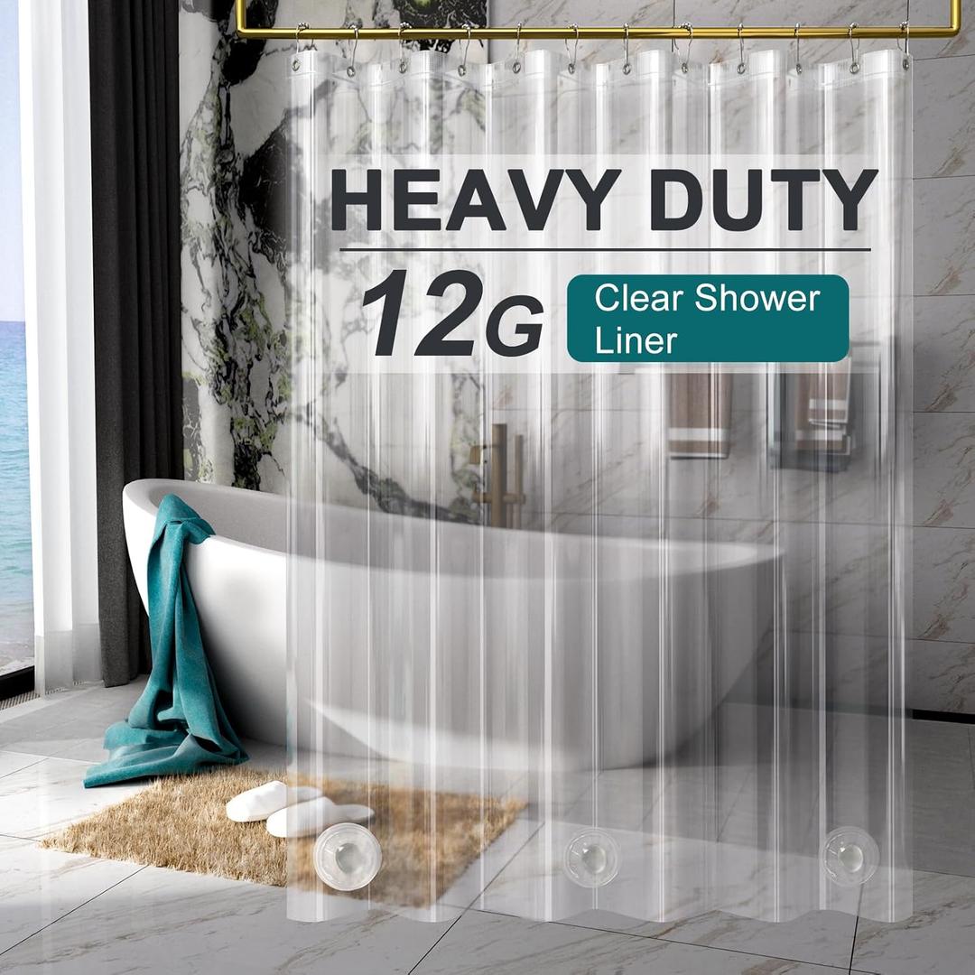 AmazerBath Heavy Duty Shower Curtain Liner 12 Gauge, 72 x 78 Inches Clear Shower Curtain Liner with 3 Clear Stones and 12 Grommet Holes, Weighted Plastic Shower Liner