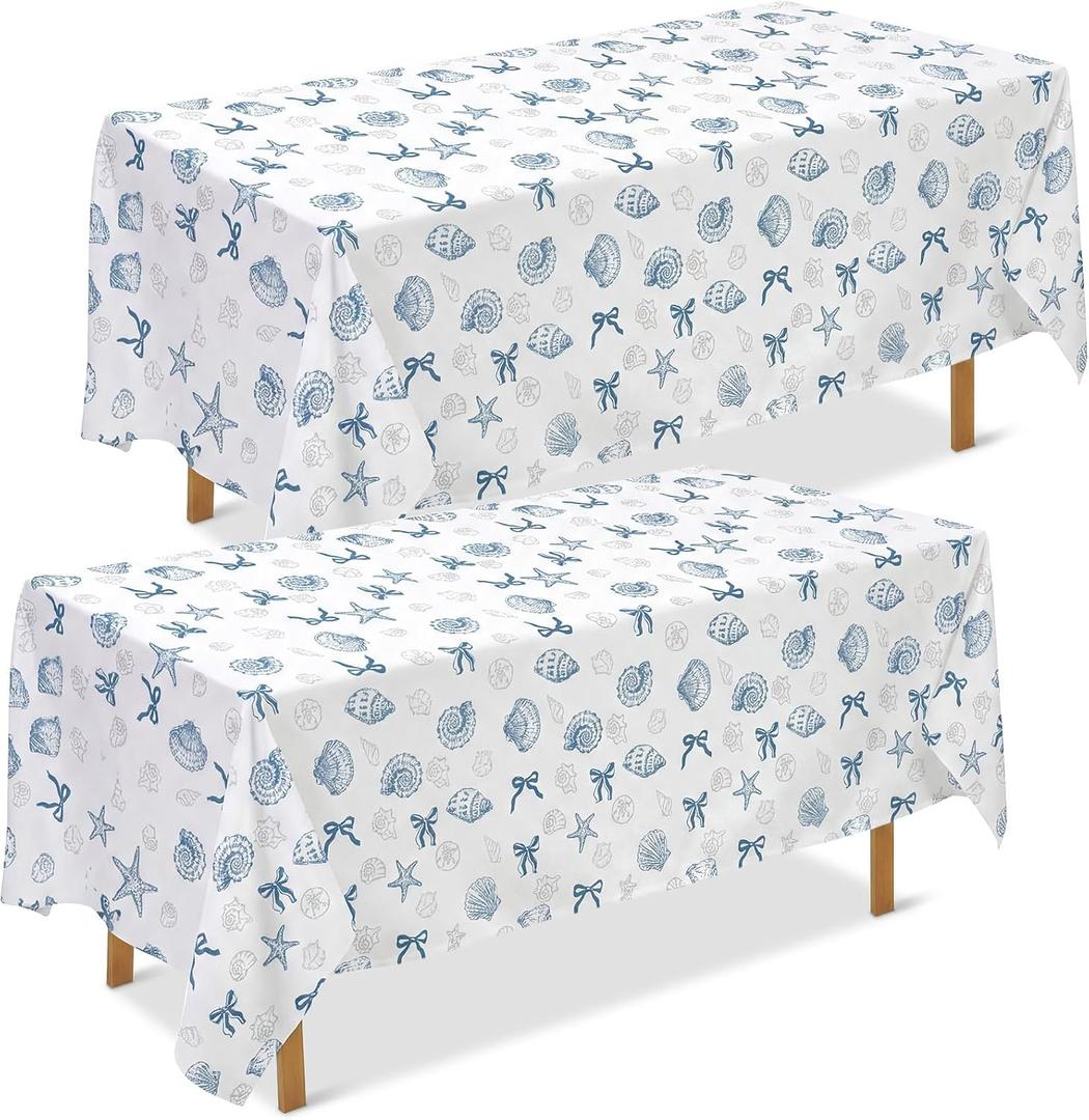 Chumia 2 Pcs Coastal Tablecloth White and Blue Bachelorette Tablecloth Disposable Plastic Waterproof Table Covers Dinner Party Setting Floral Wedding Bridal Home Party(Rectangle Shell)