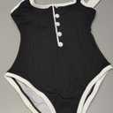 Saodimallsu Women's One Piece Swimsuit Vintage Ribbed Slimming High Cut Color Block Button Square Neck Bathing Suit (X-Small, Black)