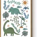 InSimSea Framed Canvas Prints Art Vintage Decor, Green Blue Dino Flower Nursery Animal Painting, Dinosaur Wall Art for Kids Toddler Bedroom Boys Gift Room Small Shelf Decor, 12x16inch