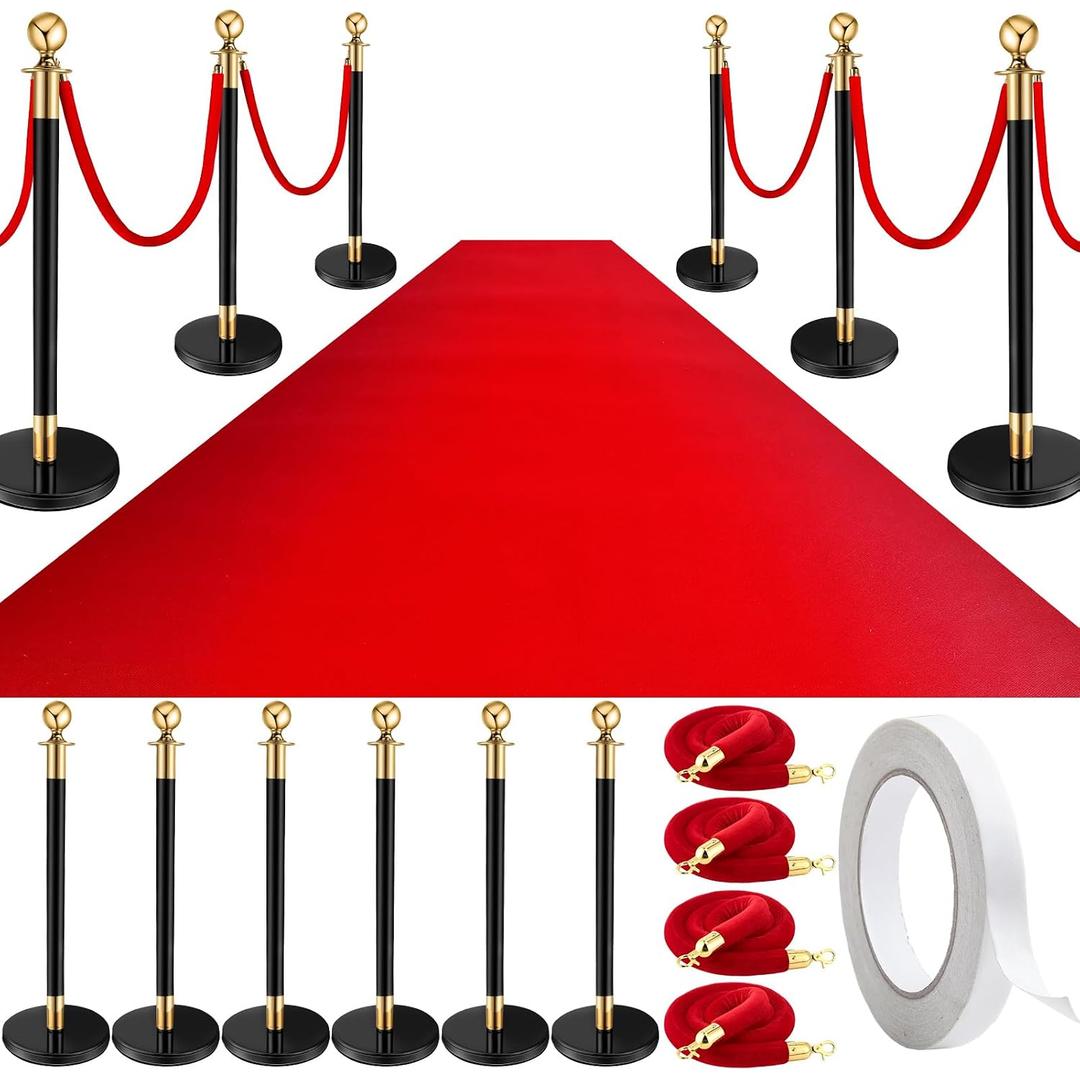 Pelopy 12 Pcs Stanchion Posts Queue Crowd Control Stanchion Velvet Ropes Carpet Set, 38 in Post Sand Injection Hollow Base with Rope for Party Museum (26 ft Carpet,Black,Gold)