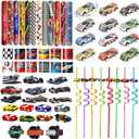 108PCS Race Car Party Favors - Themed Birthday Goodie Bags with Party Straws, Bubble Slap Bracelets, DIY Car Stickers, Pencil Caps