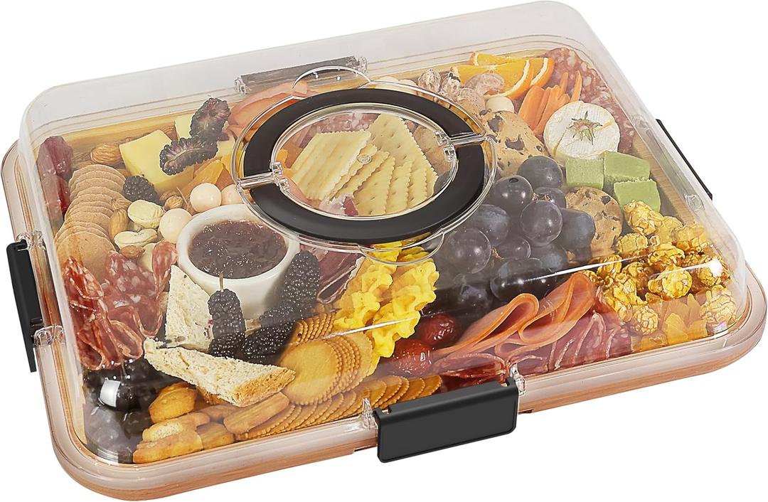 Renmxj Charcuterie Board with Clear Lid, Travel Portable Cheese Board Charcuterie Boxes Cutting Boards for Kitchen, House Warming Gifts New Home, Gifts for Women (4 Compartments Black)