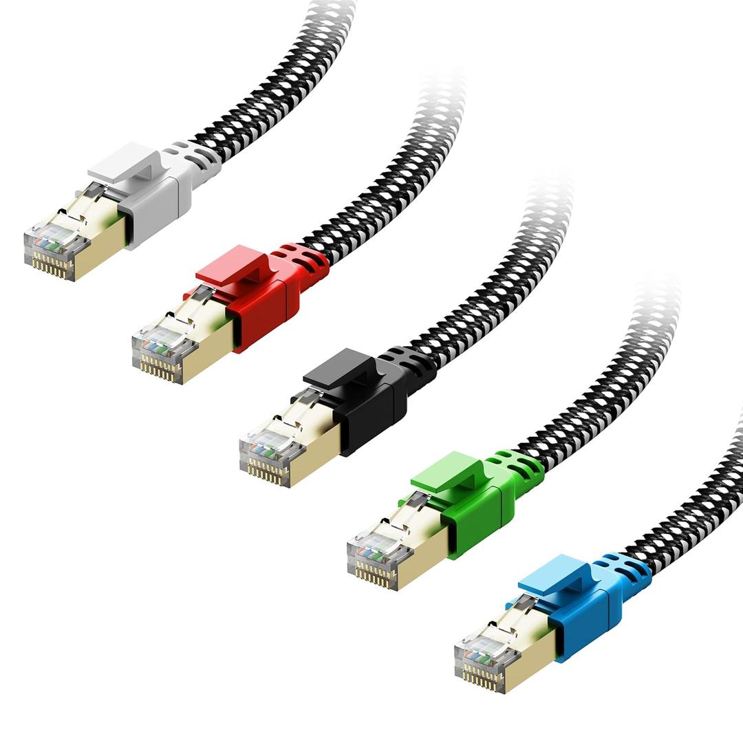 Cat 8 Ethernet Cable 3 ft 5 Pack Multi Color, Nylon Braided High Speed Heavy Duty Network LAN Patch Cord, 40Gbps 2000Mhz RJ45 Flat Internet Cable Shielded in Wall, Indoor&Outdoor for Modem/Router/PC