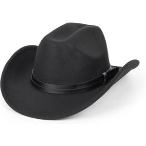 Western Cowboy Hat for Men Women Classic Roll Up Fedora Hat with Buckle Belt(Size:S-M) (Black With Band)