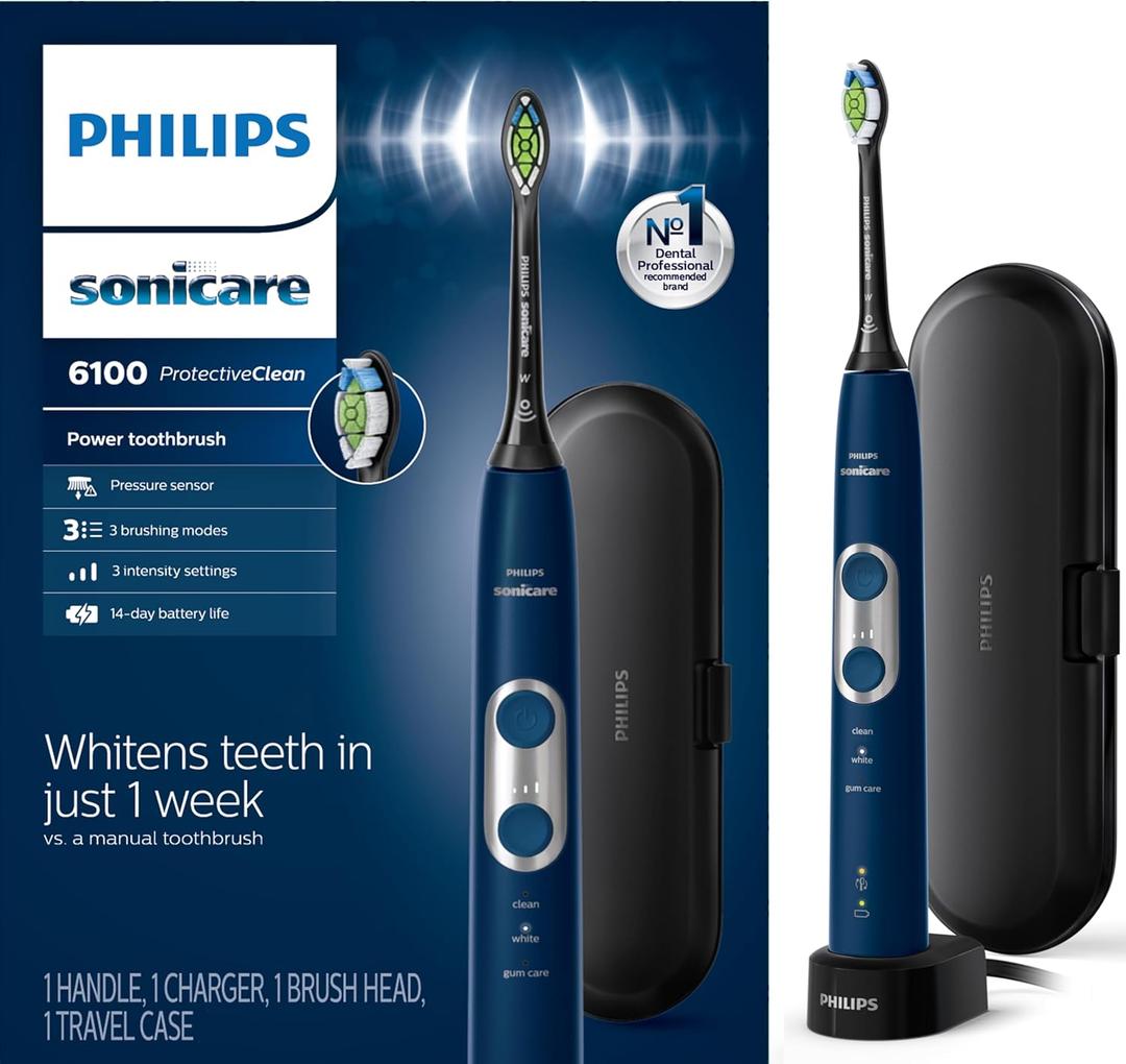Philips Sonicare ProtectiveClean 6100 Rechargeable Electric Toothbrush, with Pressure Sensor, 3 Cleaning Modes, SmarTimer and QuadPacer, 14-Day Battery Life, Travel Case, Navy Blue, Model HX6871/49