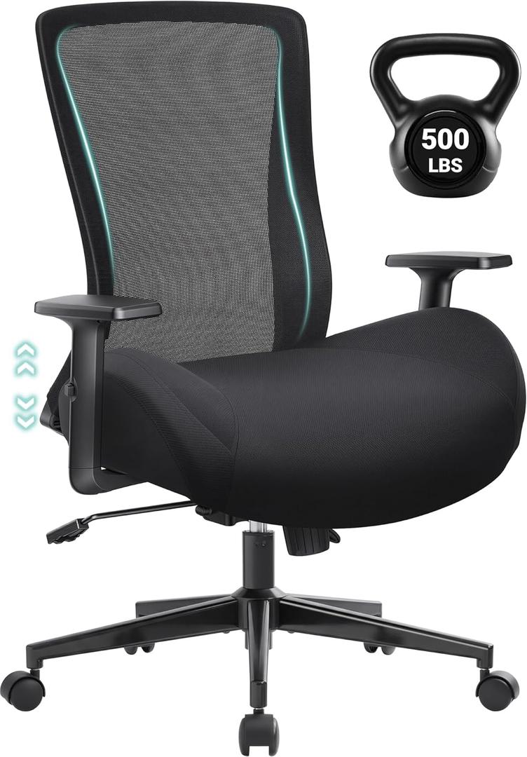 Big and Tall Home Office Desk Chair 500lb Capacity for Heavy People, Ergonomic Wide Mesh Desk Chair with Stepless Recline & Lock, 5.5" Thick Cushion, High Back, Adjustable Height & Armrests (Black)