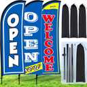 Buryeah 3 Sets Now Open Feather Flag Banner for Business Advertising 7 Feet Tall Grand Opening Feather Flag Sign with Fiberglass Pole Kit Rotating Ground Spike and Portable Bag (Blue)