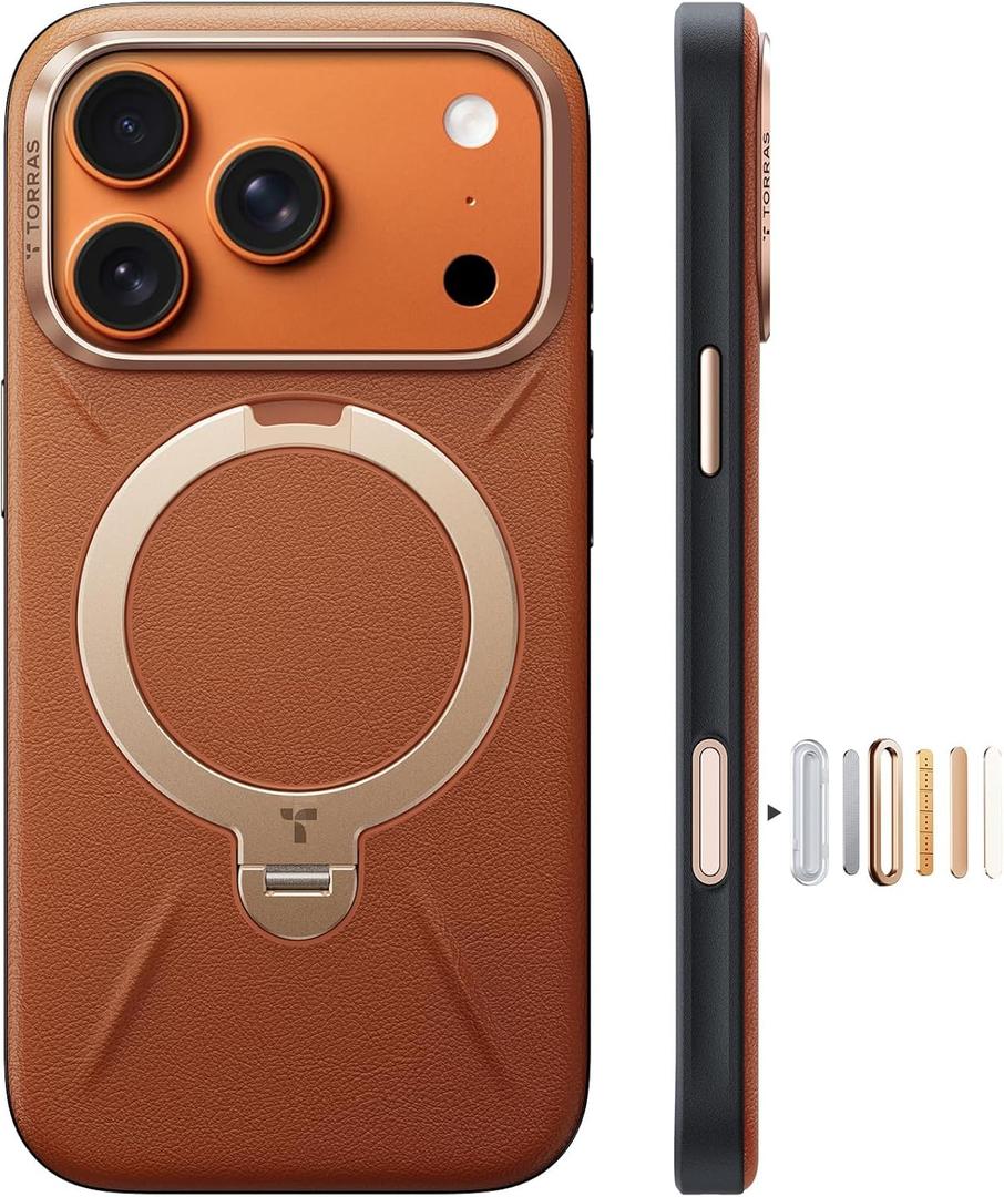 TORRAS Organic Leather for iPhone 17 Pro Case with Stand, Fit for Magsafe, 360 Spin Stand with Camera Control, Premium Leather Durable Stylish Q3 VegSkin for iPhone 17 Pro Phone Case, Saddle Brown