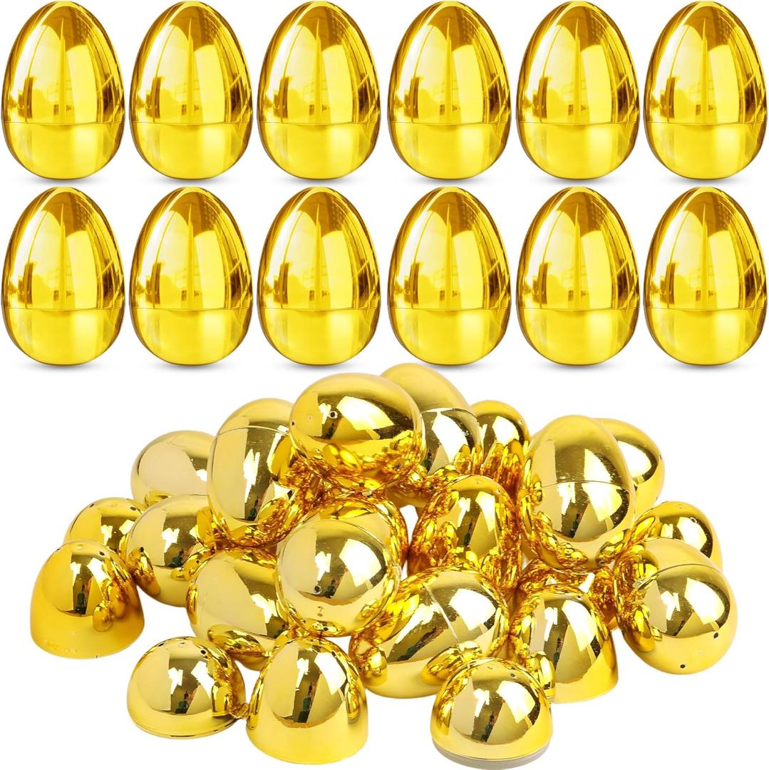48 Pack 2.4 Inch Golden Easter Eggs, Metallic Plastic Empty Gold Eggs Bulk for Easter Egg Hunt, Easter Basket Stuffers Fillers, Filling Treats and Party Favors