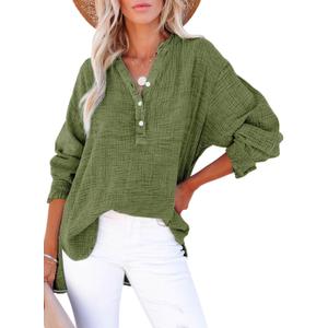 Dokotoo Womens Casual Button V Neck Long Sleeve Shirts Oversized Solid Blouses Tops L