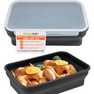 Silicone Collapsible Marinating Container with Lid for Meat, 2.64Gal/10L, Extra Large Collapsible BBQ Prep Tub, Transparent Locking Lid, XL Grill Prep Trays and Carry System, BBQ Must-Have, Black