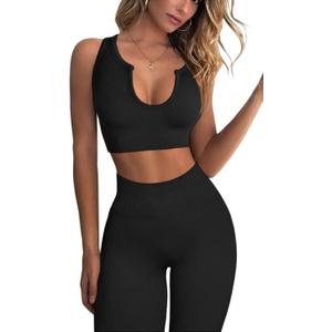 QINSEN Workout Outfits for Women 2 Piece Ribbed Seamless Crop Tank High Waist Yoga Leggings Sets (Large, 03 Black)