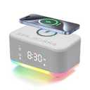 Wireless Charging Alarm Clock Bedroom, Loud Digital Alarm Clocks Bedrooms, Alarm Clock Night Light Speaker 8W Snooze Dual Alarm 12/ 24H Adjustable Brightness Dimmer Bluetooth, Grey