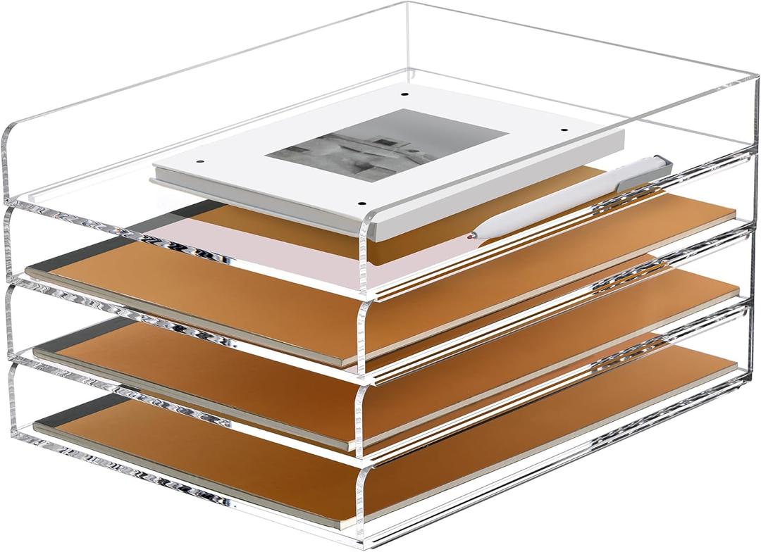 SANRUI 4 Tier Stackable Paper Letter Tray, Acrylic Vertical File Tray A4 Desk Organizer and Accessories Sorter Trays, Clear Workspace Office Supplies Organizers, 12inx9.25inx6.6in