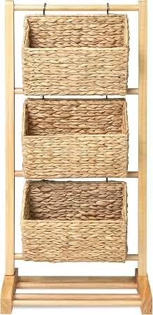 HOMESTEAD 3-Tier Wooden Shelf with Water Hyacinth Woven Baskets – Rattan Shelf Basket, Boho Room Decor, Wooden Book Shelf, Bathroom Storage Shelves, Kitchen, Laundry, Living Room (Natural)