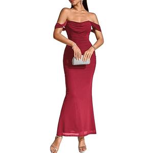 KUTUMAI Off The Shoulder Maxi Long Dress Corset Ruched Bodycon Cocktail Formal Wedding Guest Dresses for Women, Size M