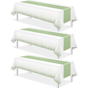 3Pcs White and Sage Green Tablecloth Decorations,Plastic White Table Cloth Printed Green Table Runner Disposable Rectangle Tables Cover for Birthday Wedding Anniversary Graduation Party,54 x108 Inch