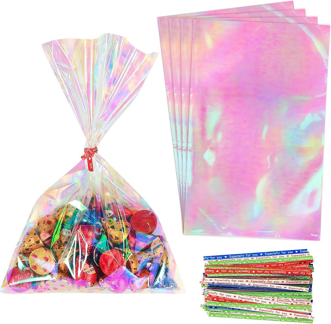 HRX Package 120pcs Iridescent Cellophane Treat Bags with Ties, 6x9 inch Holographic Plastic Goody Bags for Candy Party Favors Small Gifts